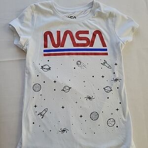 Girls NASA' White Graphic Tee with Red Logo Glitter